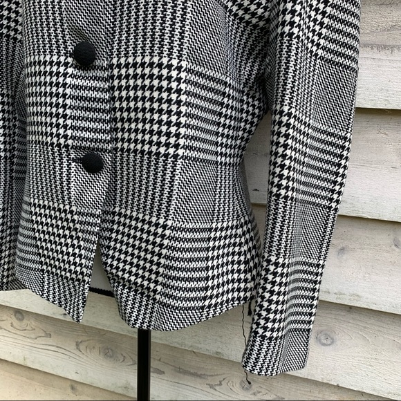 Vintage 80s Wool Blend Plaid Houndstooth Button Up Long Sleeve Collarless Blazer - Picture 10 of 16